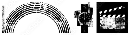 Distressed halftone arch, vintage watch with strap, film clapperboard all in gritty vector style. Synonyms distressed graphic, film slate, analog timepiece, textured set.