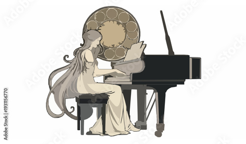 Art Nouveau woman playing piano vintage vector illustration
