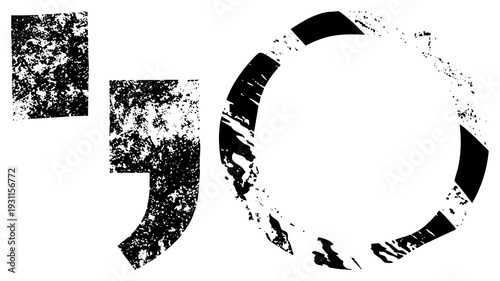 Stylized black typography with gritty texture, fragmented letterforms, distressed design, vector graphic, isolated characters, bold stencil style, urban aesthetic.