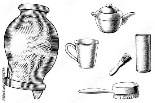 Classic ceramic jar with lid, teapot, drinking mug, cleaning brush, cylindrical container, rendered in halftone vector style, retro kitchenware collection.