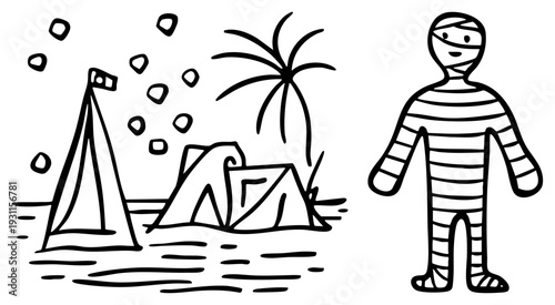 Cartoon mummy character beside beach with sailboat, palm tree, and ocean waves, simple art, holiday or Halloween theme illustration.