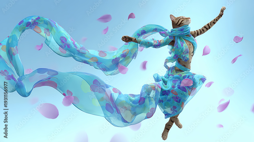 Obraz premium Spotted Bengal Cat Dancing In Blue Sky Wearing Flowing Blue Floral Fabric 