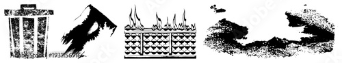 Vector depicting trash bin, mountain peak, flaming grill, water splash all isolated on transparent background. Flat design,, high contrast symbols for UI or signage.