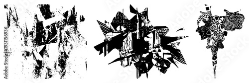 Stylized black and white vector composition featuring fragmented geometric forms, halftone textures, and dynamic negative space, ideal for modern graphic design, album covers, or digital art.