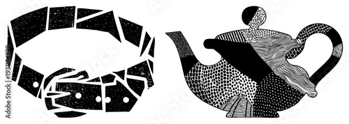 Stylized teapot with varied halftone textures, fragmented belt motif, graphic vector art, black and white design, modern tea vessel.