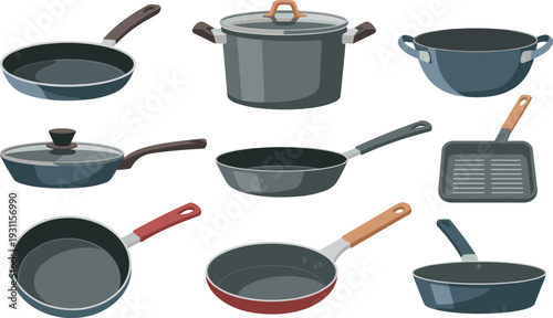 Set of kitchen cookware collection, frying pans, saucepans, stock pot and grill pan isolated on white background
