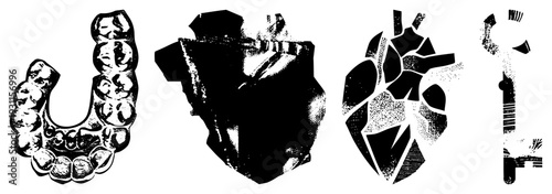 Stylized vector featuring dental appliance, protective gear, cardiac symbol, and key all rendered in high contrast halftone and geometric shapes.