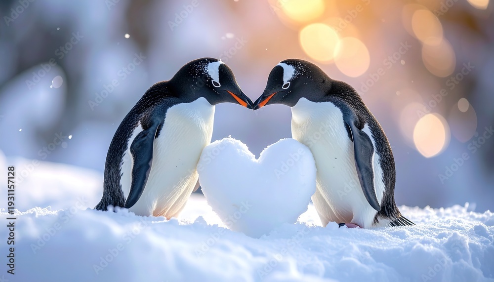 Obraz premium Two Gentoo Penguins Forming a Heart Shape in the Snow.