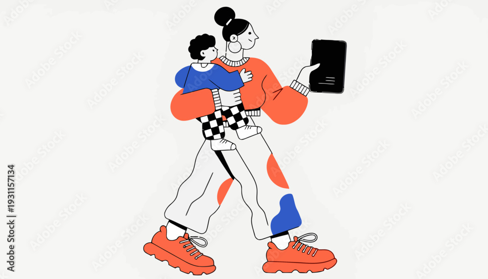 Obraz premium Mother and child using smartphone together in modern illustration