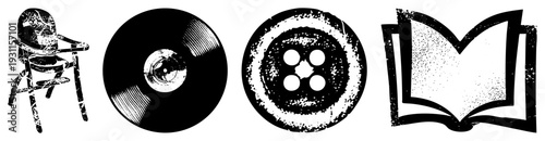 Retro chair, music record, button, open book distressed vector,, textured, graphic design elements, isolated symbols.