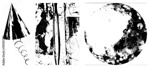 Three stylized vector forms conical with spiral, textured vertical stripes, and circular moon like with halftone shading, minimalist art.