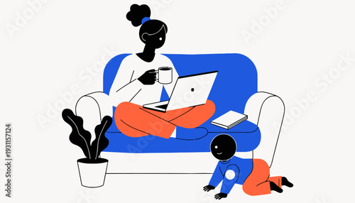 Woman working on laptop with child playing beside her on couch