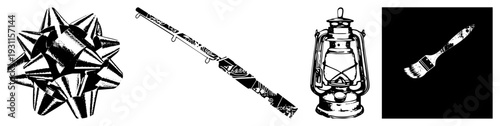 Ornamental gift bow with sharp folds, vintage oil lantern with glass chamber, fishing rod with reel, paintbrush with bristles all rendered in stark black and white vector style.