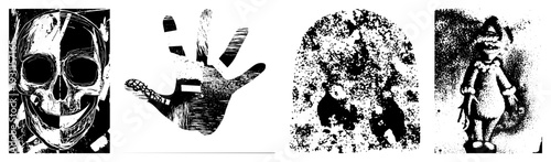 Stylized halftone illustrations including skull, handprint, monstrous figures, and clown, rendered in high contrast with grainy texture and isolated foreground.