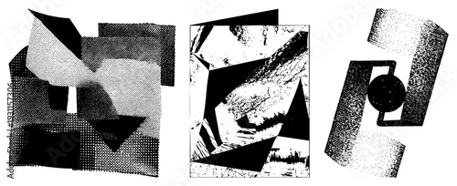 Fragmented angular shapes rendered in halftone, black and white graphic, vector art with texture, modern abstract composition.