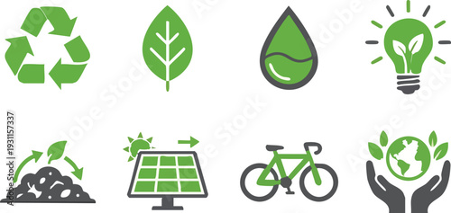 Web Eco-Friendly and Renewable Energy Icon Set: Sustainable Living and Green Technology Vector Bundle