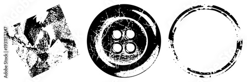 Weathered button with four holes, shattered geometric, distressed circular ring all in high contrast, ideal for retro or industrial design.
