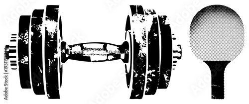 Fitness dumbbell with weight plates and table tennis paddle in halftone style, gym equipment, sport, workout gear, vector graphic.