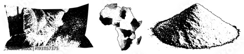 Halftone rendered pillow, Africa map with shaded regions, conical pile of granular material, stylized vector graphics, textures.