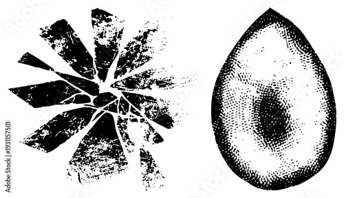 Stylized burst and teardrop forms rendered in gritty halftone texture, vector art, graphic design elements, print inspired aesthetic.