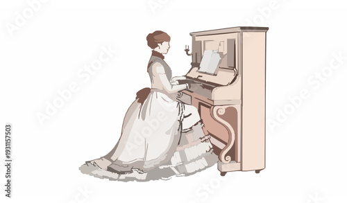 Romantic vintage woman pianist line art vector illustration