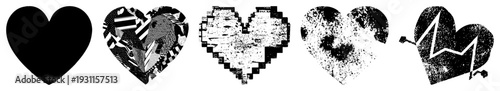 Heart rendered in varied graphic styles solid, glitch, pixel, grunge, and heartbeat motif. Vector illustrations for design, UI, or medical themes.