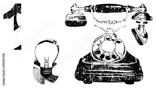 Classic rotary telephone with handset and dial, vintage lightbulb, communication technology, retro design, idea generation, analog era, creative concept.