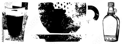 Black and white halftone coffee glass, mug with splattered texture, syrup bottle with cap, vintage print aesthetic, isolated vector elements.