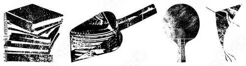 Grunge textured vector of stacked books, paintbrush, ping pong paddle, and kite artistic tools and leisure symbols rendered in halftone,, and distressed style.