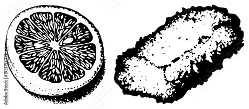 Black and white vector depiction of citrus section with pulp segments and textured stone surface, stylized botanical illustration, isolated food graphic elements.