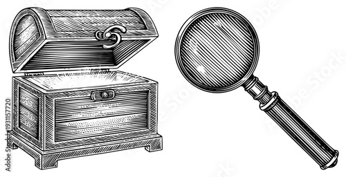 Open treasure chest revealing hidden valuables, antique magnifying glass for close inspection, tools, adventure, discovery symbol, vintage illustration.