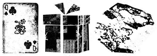 Queen of Clubs card with motif, gift box with ribbon, abstract torn paper fragments all in distressed black and white vector style.