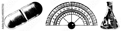 Vector illustration of three scientific items pill capsule, angle measuring tool, and beaker with liquid and solid contents. Ideal for medical, educational, or lab themed designs.