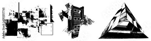 Black and white vector composition of fragmented forms, halftone textures, and angular planes, minimalist graphic design, abstract architecture, digital illustration.