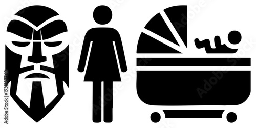 Set of three bold black vector warrior mask with geometric face, female silhouette, baby stroller with infant. Flat design, symbolic, isolated graphic elements.