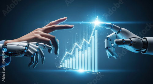 Human and Robot Hands Interacting with Futuristic Financial Data Graph.