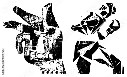 Bold black and white vector art of a hand and fragmented figure, halftone texture, graphic illustration, stencil effect, urban art style.