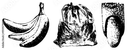 Black and white halftone illustrations of bananas, drawstring sack, and cucumber slice, stylized vector graphics, isolated food items, rustic market produce.