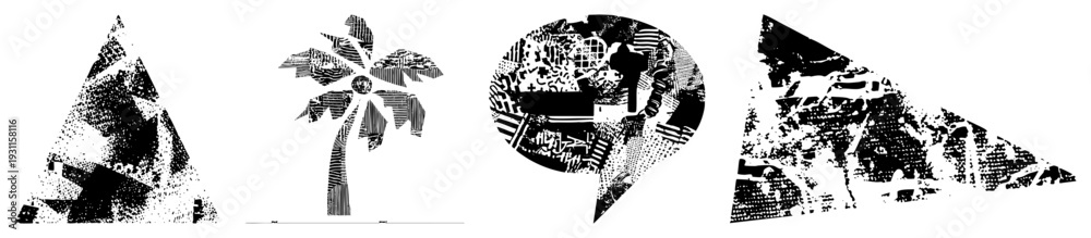 Fototapeta premium Black and white vector forms with halftone textures, stylized triangles and circles, graphic design elements, fills, shapes.
