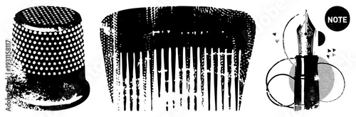 Vintage sewing thimble with dot, rustic comb with textured edges, elegant fountain pen with “NOTE” bubble, all in halftone vector style.