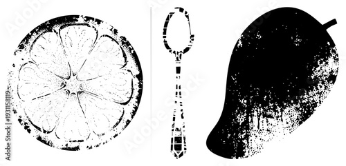 Gridded halftone citrus section, vintage spoon silhouette, textured mango fruit, black and white vector graphic, isolated food.