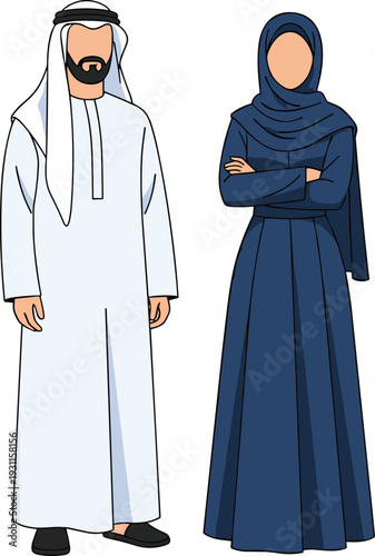 Vector illustration of an Arab couple standing together, man wearing traditional white thobe and ghutra, woman in elegant navy blue hijab an