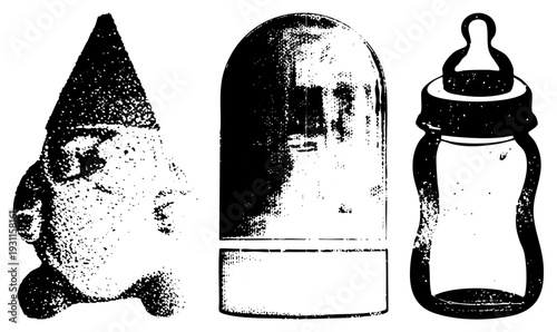 Retro garden gnome, classic snow globe, baby feeding bottle, halftone, vintage graphic, stylized objects, nostalgic illustration.