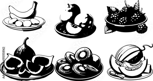 Diverse set of fresh organic fruits and berries icons featuring pomegranate, figs, kiwi, and bananas for health-conscious marketing campaigns and digital scrapbooking elements