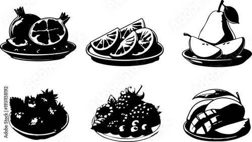 Diverse set of fresh organic fruits and berries icons featuring pomegranate, figs, kiwi, and bananas for health-conscious marketing campaigns and digital scrapbooking elements