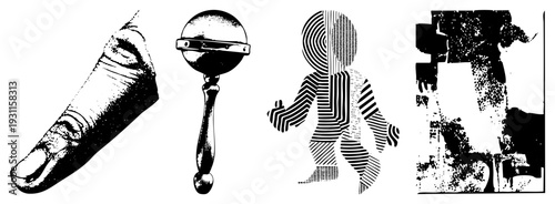 Four stylized vector graphics textured finger, vintage rattle, halftone walking figure, gritty urban graffiti. Isolated elements, bold contrast, artistic composition.