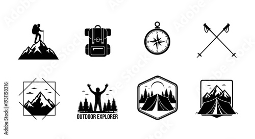 Hiking and camping icons with compass axes and mountains silhouette on transparent background