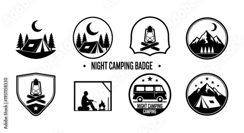 Camping badge designs featuring mountains tents and vehicles on transparent background silhouette