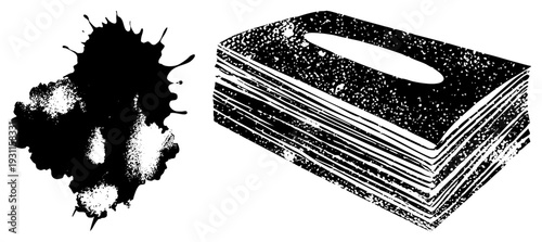 Black ink blot with splatter texture beside tissue box with layered paper, halftone dot, graphic design element, vector art, isolated foreground.