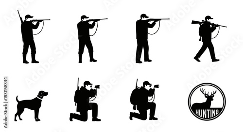 Hunting themed silhouettes of people dogs and deer on transparent background